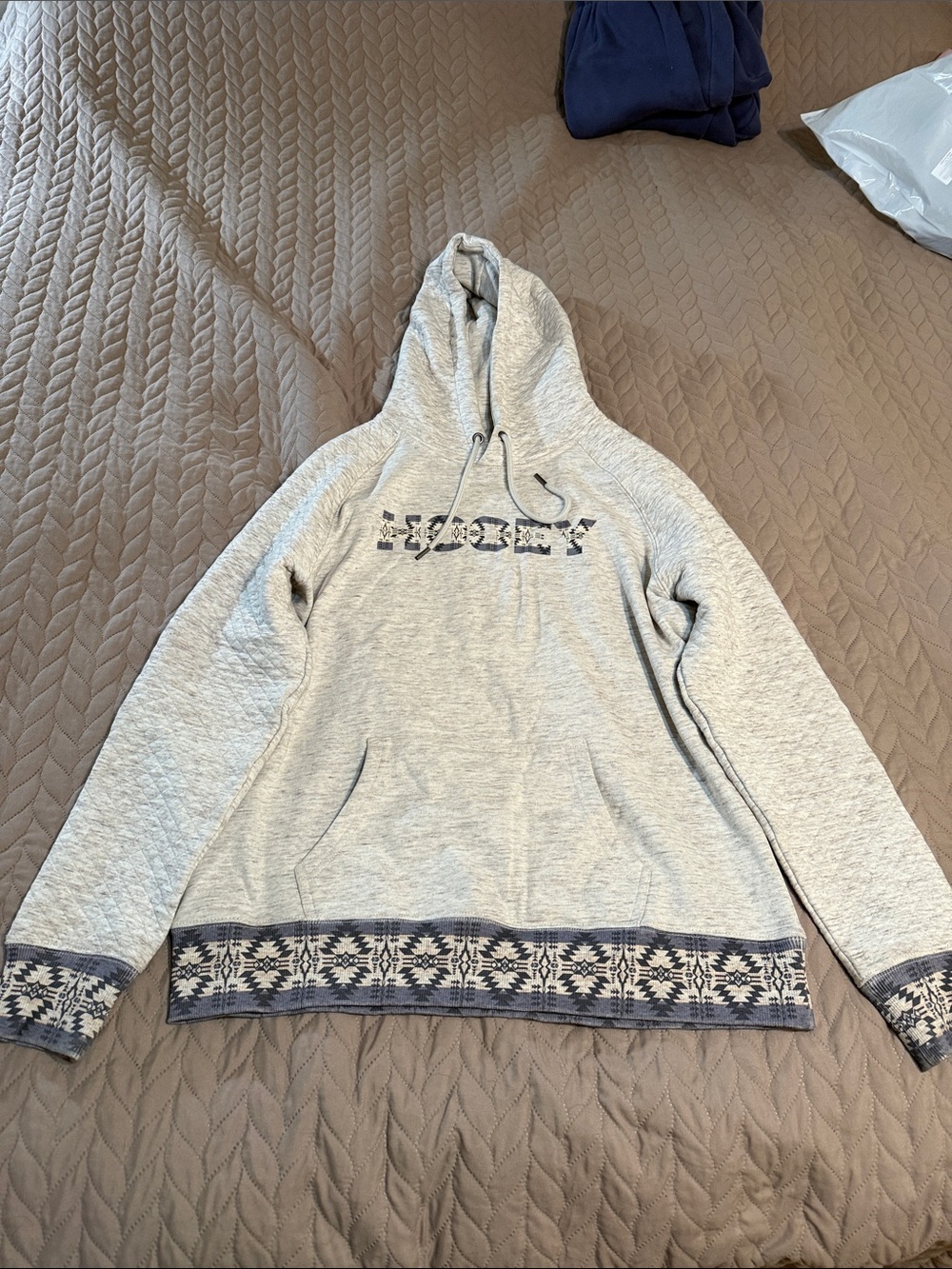 Hooey Light tan Crewneck Hoodie with Navy Patterned Trim